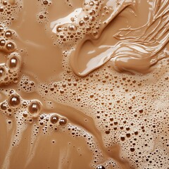 Poster - Brown liquid texture with bubbles and swirls, resembling chocolate or coffee, showcasing glossy surface and fluid dynamics, copy space for text