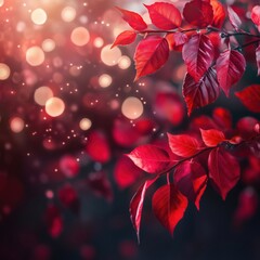 Poster - Vibrant Red Leaves with Bokeh Background Creating Autumn Atmosphere, copy space for text