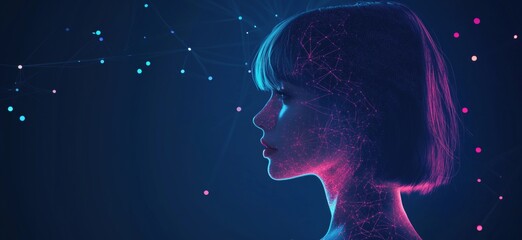  - Digital silhouette of a woman with glowing neural network connections and vibrant colors representing artificial intelligence and technology, copy space for text