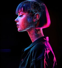 Poster - Futuristic portrait of a woman with digital circuitry and neon lights, showcasing a blend of technology and human features, copy space for text