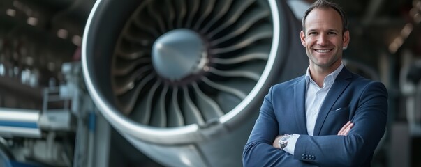 Poster - Aviation professional standing confidently beside jet engine, showcasing expertise in aerospace industry, modern technology, and engineering excellence, copy space for text