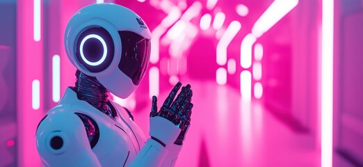 Poster - Futuristic humanoid robot with glowing features in neon-lit corridor, showcasing advanced technology and design, copy space for text