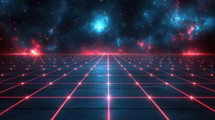 Poster - Futuristic grid landscape under a vibrant nebula