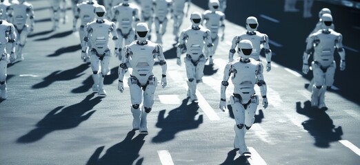 Poster - Robots marching in formation on urban street, showcasing advanced humanoid design and technology, futuristic cityscape background, copy space for text