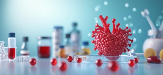 Poster - 3D Model of Virus with Laboratory Background Featuring Test Tubes, Petri Dish, and Scientific Equipment, copy space for text