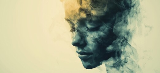 Poster - Abstract portrait of a woman with ethereal smoke effects, blending colors and textures to create a dreamlike atmosphere, copy space for text