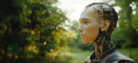 Poster - Futuristic humanoid robot with intricate circuitry in serene natural setting, copy space for text