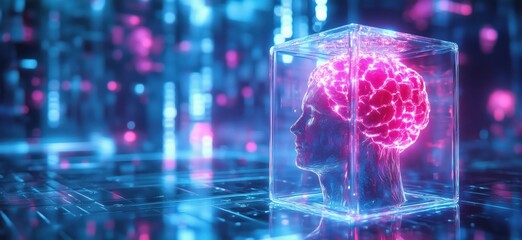 Poster - Futuristic glowing brain in glass container, digital technology, artificial intelligence, neon lights, copy space for text