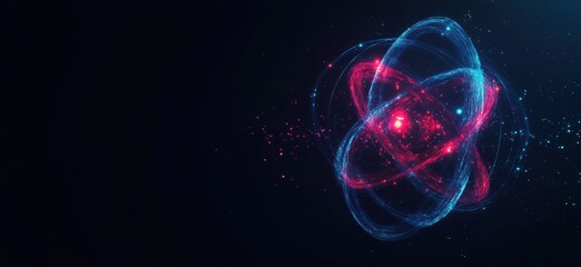 Poster - Atomic structure visualization with glowing red and blue orbits and particles in dark background, copy space for text