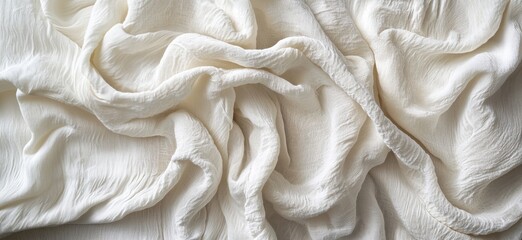 Poster - Textured white fabric draped elegantly, showcasing soft, flowing folds and delicate patterns, copy space for text