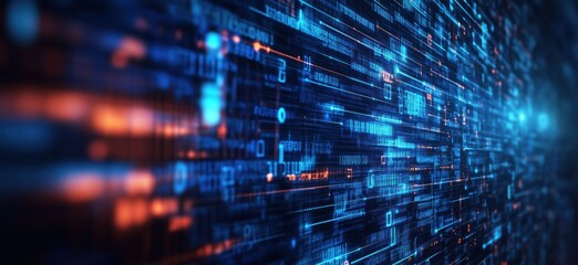 Poster - Digital Data Stream Visualization with Blue and Orange Light Effects, copy space for text
