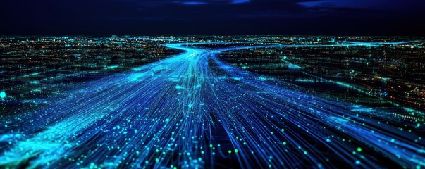 Poster - Digital network flow over cityscape at night with glowing blue lights and data streams, copy space for text