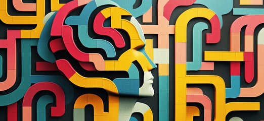 Poster - Abstract human head silhouette with colorful geometric patterns and shapes, copy space for text