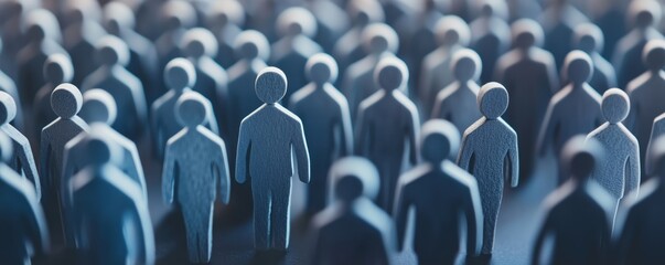 Poster - Crowd of Wooden Figurines Representing Community and Unity in Diversity, copy space for text