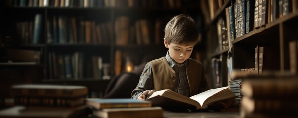 Poster - Young boy reading book in vintage library filled with old books and warm lighting, copy space for text