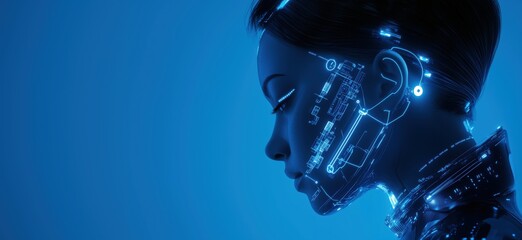 Poster - Futuristic humanoid robot profile with glowing circuitry and digital interface, copy space for text