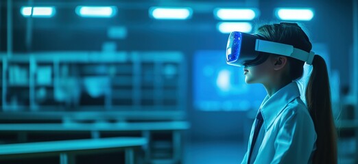 Poster - Virtual Reality Experience in Classroom Setting with Young Girl Wearing VR Headset, copy space for text