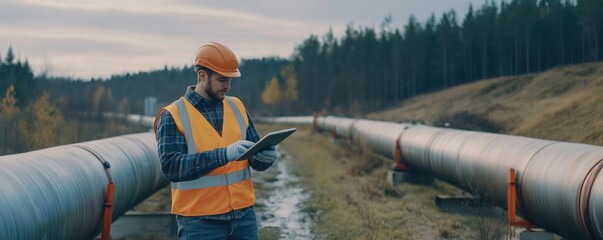 Poster - Pipeline worker using tablet for monitoring and management in industrial setting, copy space for text