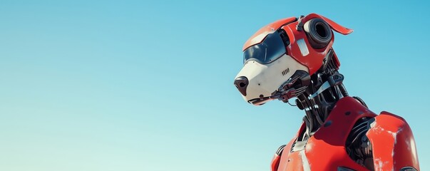 Poster - Futuristic robotic dog with sleek design and vibrant red color against clear blue sky, copy space for text