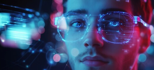 Poster - Futuristic man with augmented reality glasses displaying digital data and holograms, copy space for text