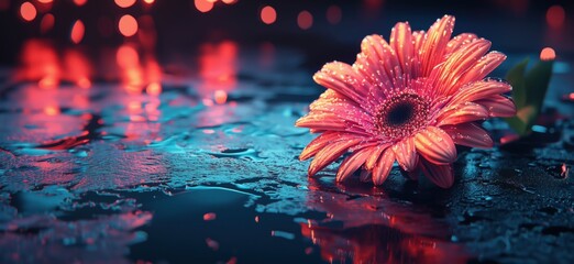 Poster - Vibrant pink flower on wet surface with shimmering reflections and bokeh background, copy space for text