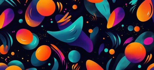 Poster - Colorful abstract shapes and patterns in vibrant hues on dark background, copy space for text