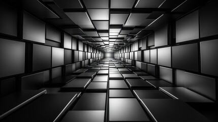 Poster - Abstract grayscale cube tunnel, light at end, digital art, tech background