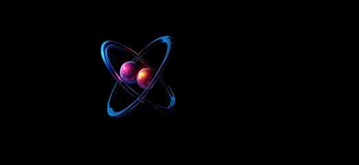 Poster - Atomic structure representation with colorful nucleus and electron orbits, copy space for text