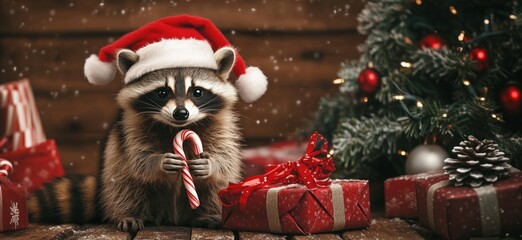 Wall Mural - Raccoon wearing Santa hat holding candy cane near Christmas tree and presents, copy space for text