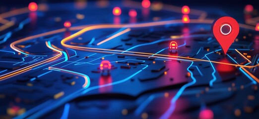 Poster - 3D Map Visualization with Navigation Markers and Cars in Neon Colors, copy space for text