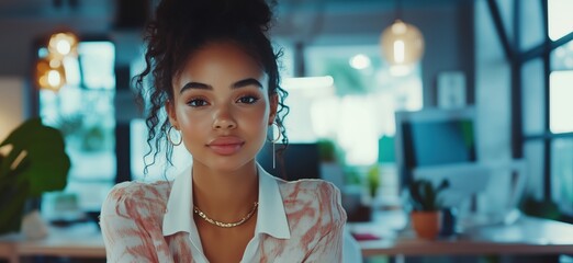Poster - Confident young woman with curly hair in modern office setting, showcasing professionalism and style, copy space for text