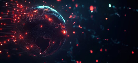 Poster - Digital Earth with Red Light Trails Representing Data Flow and Connectivity, copy space for text