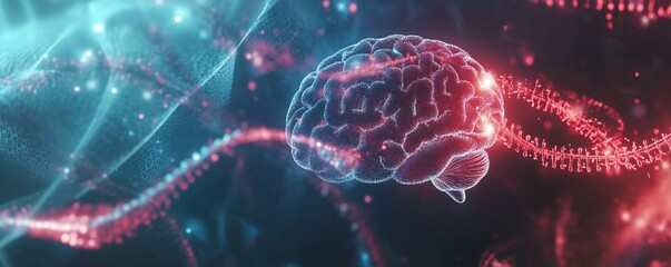 Poster - Digital Brain Visualization with Neural Connections and DNA Helix Representation, copy space for text