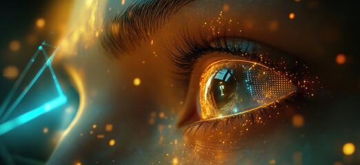 Poster - Futuristic Eye with Digital Elements and Glowing Particles, Close-Up of Human Eye, copy space for text