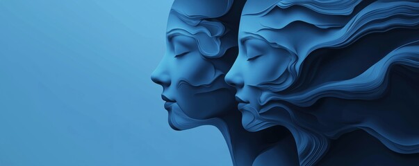 Sticker - Blue abstract sculpture of two faces with flowing hair and serene expressions, copy space for text