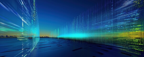 Poster - Digital landscape with vibrant data streams and city skyline at sunset, copy space for text