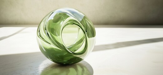 Poster - Green glass sculpture with swirling design and soft shadows on a light surface, copy space for text