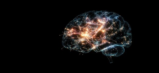 Poster - Neural Network Visualization of Human Brain with Glowing Connections and Lights, copy space for text
