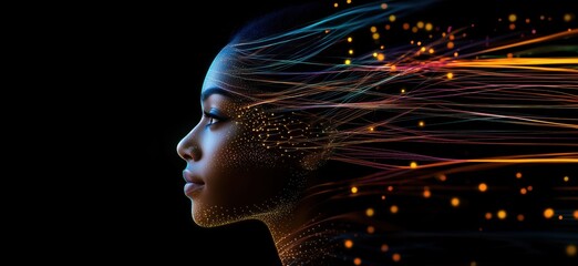 Poster - Digital portrait of woman with flowing light trails and particles representing creativity and innovation, copy space for text