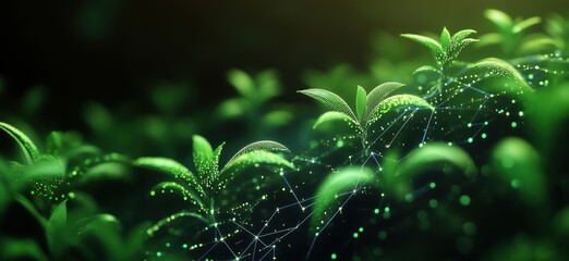  - Digital representation of green plants with technology integration, showcasing growth and innovation, copy space for text