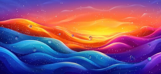 Poster - Vibrant Abstract Waves with Sunset Colors and Water Droplets, copy space for text