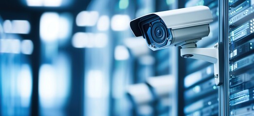 Poster - Surveillance Camera Monitoring Data Center Security Systems with Server Racks, copy space for text