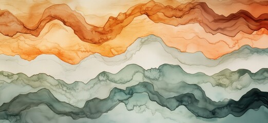 Poster - Abstract wavy patterns in warm earthy tones and cool blues, fluid art design, copy space for text