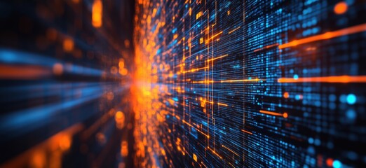 Poster - Digital data stream visualization with vibrant blue and orange light trails, copy space for text