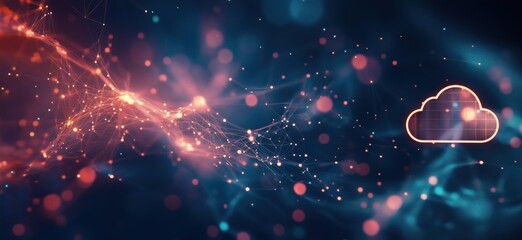 Poster - Abstract digital cloud computing network with glowing connections and data visualization, copy space for text