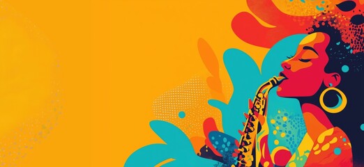 Poster - Colorful illustration of woman playing saxophone with vibrant abstract background, copy space for text