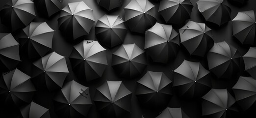 Poster - Black and White Umbrellas Arrangement Overhead View, Artistic Composition of Umbrellas, copy space for text