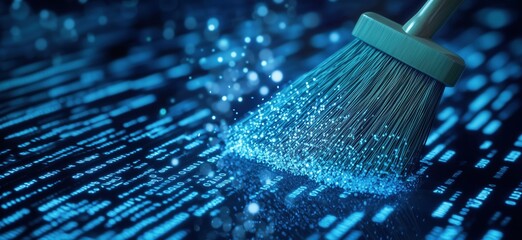 Poster - Data cleaning process visualized with broom sweeping digital code and particles, copy space for text