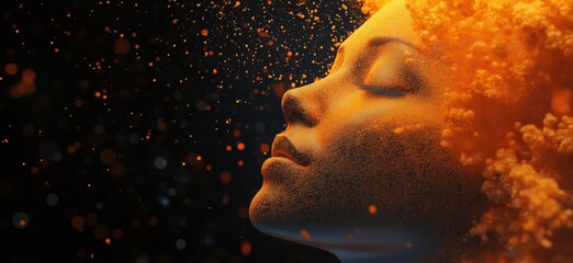 Poster - Ethereal Woman with Orange Particles and Dreamy Expression in Dark Background, copy space for text