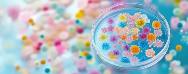 Poster - Colorful Petri Dish with Vibrant Microbial Cultures and Abstract Background, copy space for text